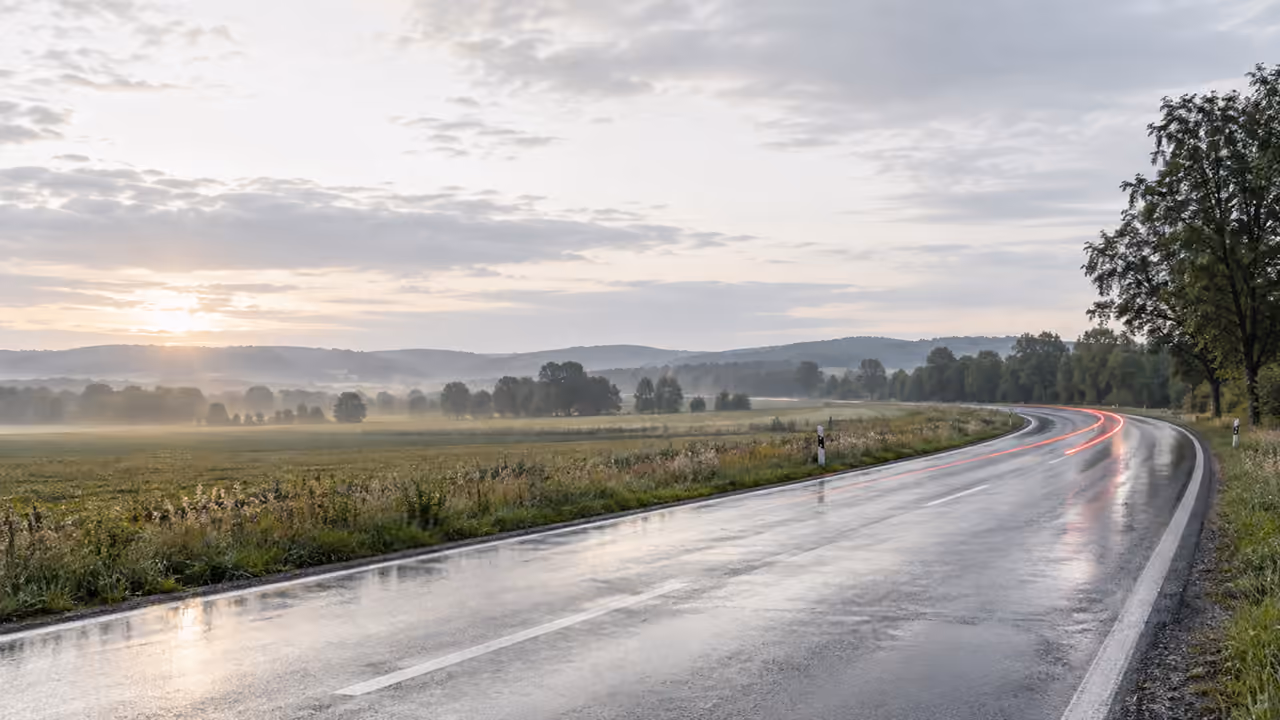 Nasse Landstraße am Morgen zwischen Feldern, mit der Lichtspur eines Rücklichts